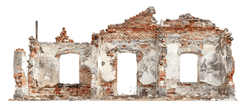 AI generated Desolate ruins of a once-standing dilapidated building on transparent background - stock png. png