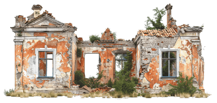 AI generated Desolate ruins of a once-standing dilapidated building on transparent background - stock png. png