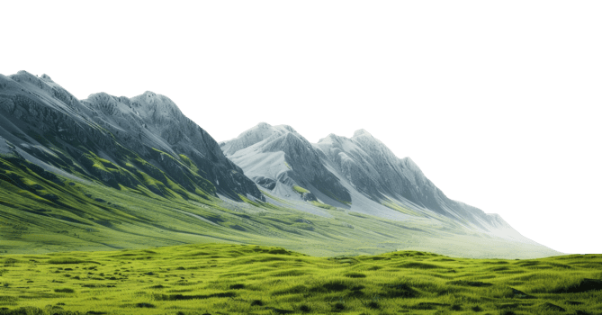AI generated Pristine snowy mountain range towering over green meadows on transparent background - stock png. png