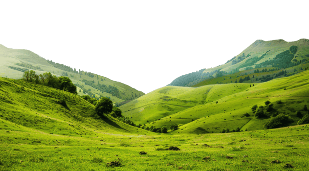 AI generated Serene rolling green hills in a lush pastoral landscape on transparent background - stock png. png