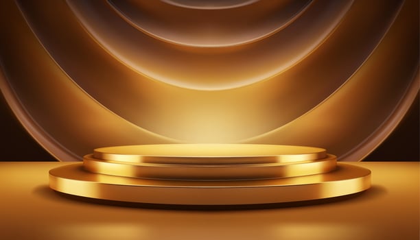 Luxury golden 3d podium pedestal curved curtains abstract waves wall background realistic vector