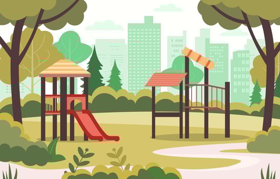 Flat Design Illustration of Slide in Playground with City Building in Bright Day vector