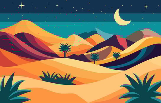 Flat Design Illustration of Dunes in Arabian Desert with Crescent in Night Sky vector