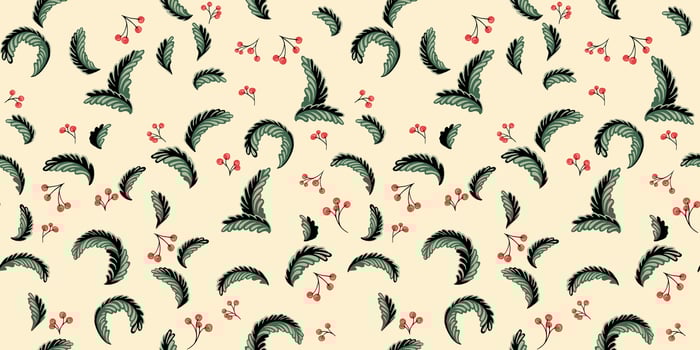 Pattern of creative floral monogram and abstract tiny branches berries. Christmas vintage seamless background. Vector hand drawn. Ornament decorative patterned. Collage template for printing, textile