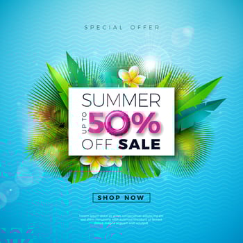 Summer Sale Design with Flower and Exotic Palm Leaves on Blue Background. Tropical Vector Special Offer Illustration with Typography Letter for Coupon, Voucher, Banner, Flyer, Promotional Poster
