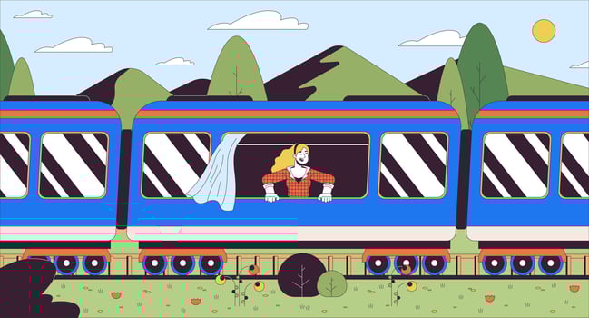 Looking out of train window cartoon flat illustration. Excited woman traveler 2D line character colorful background. Railway passenger. Solo travel. Railroad tourism scene vector storytelling image
