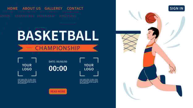 Basketball championship web banner. one basketball player with ball. Background for sports standings. Website for sports competitions. Players men with balls. Text templates. Vector flat illustration.