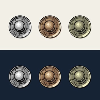 Set of golden, silver, copper metal rivets. Isolated sewing accessories on black, white background. Vintage style illustration vector