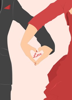 Vector couple in red gown and black tuxedo holding hands showing heart symbol