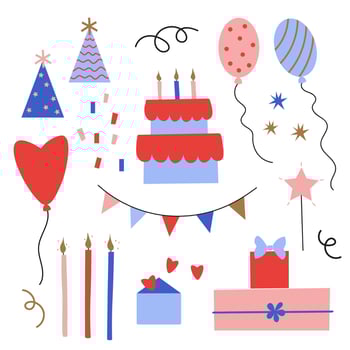 Birthday Party set hand drawn flat vector illustration isolated background Doodle clipart with birthday cake, confetti, candles, balloons, stars, envelope with hearts Festive design for congratulation
