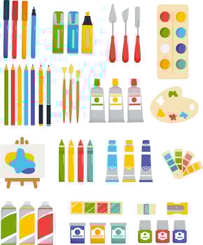 Drawing supplies set. Artists tools, brush, paint tube, marker, palette, easel, paintbrush, canva. Vector illustrations for art school, painter studio.
