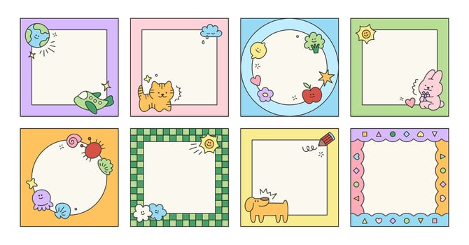 Set of kid cute frame sheets with childish elements. Children post template. Simple scribble vector elements of social media post with dog, planet, star, pencil, cloud, flower, frame, arrow, stroke