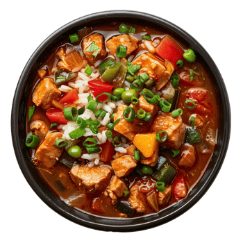 AI generated Savory chicken with rice and vegetables in a spicy sauce on transparent background - stock png. png