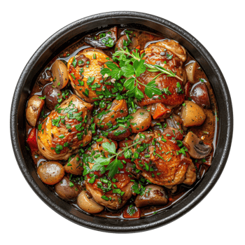 AI generated Rustic chicken thigh stew with potatoes and mushrooms in savory sauce on transparent background - stock png. png