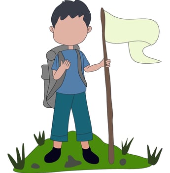 Boy with backpack and flag, perfect for educational designs, travel promotions, patriotic themes, and schoolrelated materials. Ideal for youthful projects. vector
