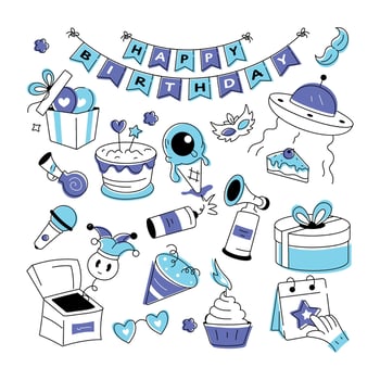 Birthday vector in doodle style with celebration elements, food items, and firecrackers