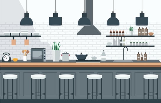 Flat Design of Kitchen in Restaurant with Kitchen Utensils and Customer Chairs vector