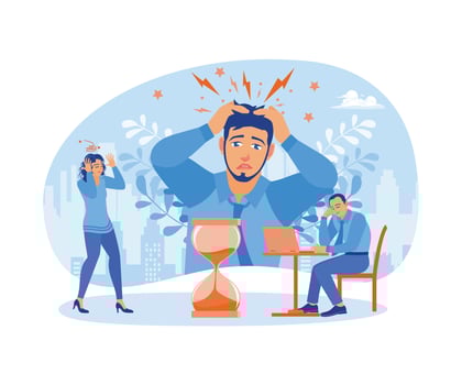 Stressed people in the office. Tired of working because of work with deadlines. Stress in Office concept. Flat vector illustration.