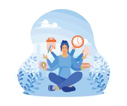 Woman sitting in meditation position. Doing many jobs at the same time. Multitasking Work concept. Flat vector illustration.