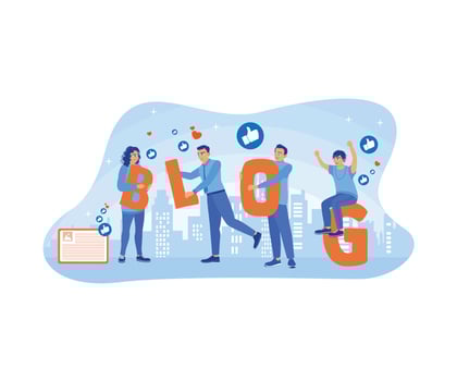 Men and women develop blogging media. Create videos with creative blog content. Blog Creation concept. Flat vector illustration.