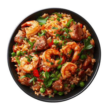 AI generated Cajun-inspired shrimp and sausage jambalaya with rice and vegetables on transparent background - stock png. png
