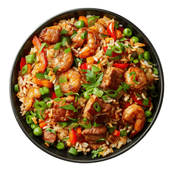 AI generated Cajun-inspired shrimp and sausage jambalaya with rice and vegetables on transparent background - stock png. png