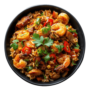 AI generated Cajun-inspired shrimp and sausage jambalaya with rice and vegetables on transparent background - stock png. png