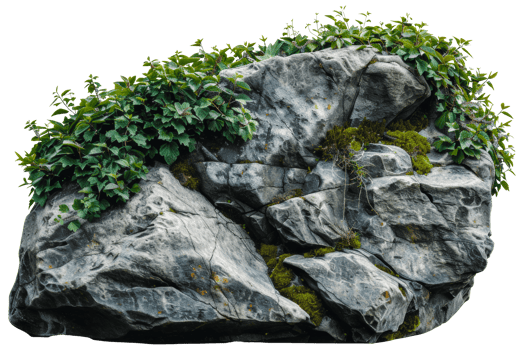 AI generated Natural rock with lush vegetation and white flowers on transparent background - stock png. png