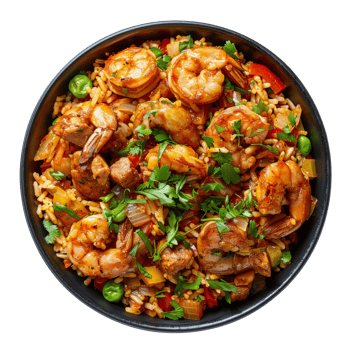 AI generated Cajun-inspired shrimp and sausage jambalaya with rice and vegetables on transparent background - stock png. png