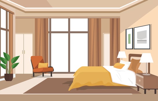 Flat Design of Bedroom with Bed Furniture Window and Plant in Hotel vector