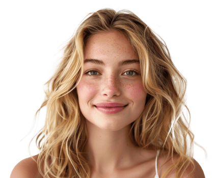 Blonde woman with necklace and white shirt smiling on transparent background - stock . png