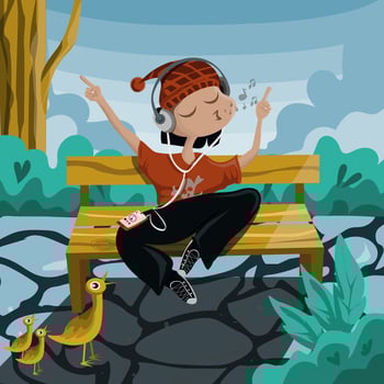 listening to music with earphones in the park vector
