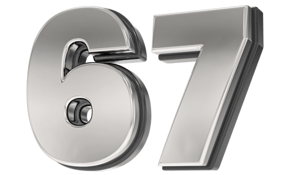 67 Number Silver And Black 3D Render png