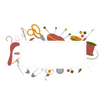 Colorful vector hand drawn set of Handmade sewing objects, symbols and items. frame composition with Knitting and sewing elements. Needlework concept. Copy space