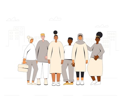 Group of diverse teenagers standing together. Young female and male friends wearing in casual clothes. Boys and girls hugging each other. Vector line illustration.