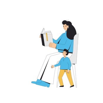 Mother reading a book for her son. Literature for children. Vector illustration.