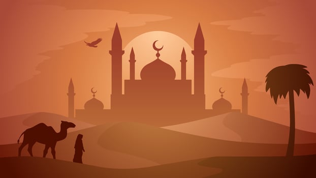Ramadan landscape vector illustration. Mosque silhouette in the desert with camel and a muslim. Mosque landscape for illustration, background or ramadan. Eid mubarak landscape for ramadan event