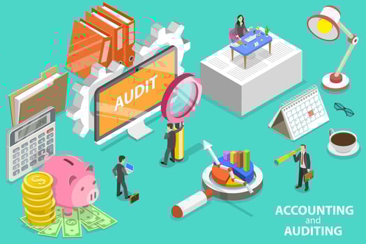 3D Isometric Flat Vector Conceptual Illustration of Accounting and Auditing.
