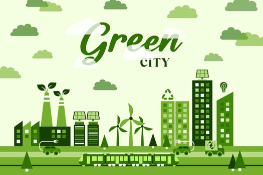 Sustainable green eco city on the earth planet in flat design vector illustration.