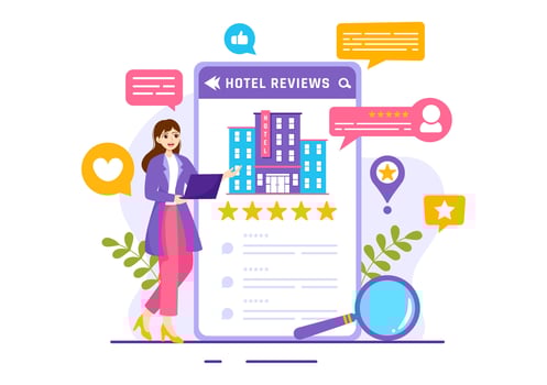 Hotel Reviews Vector Illustration with Rating Service, User Satisfaction to Rated Customer, Product or Experience in Flat Cartoon Background