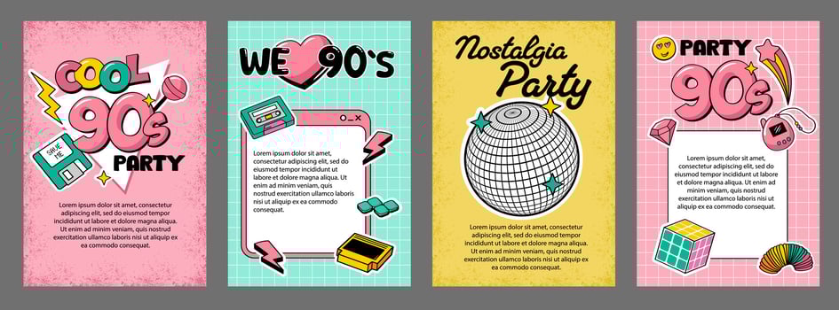 90s retro groovy party poster templates collection with cute elements. Colorful doodle vector illustrations.