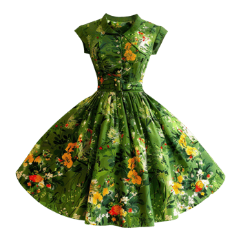 AI generated Floral patterned retro green dress isolated on transparent background png