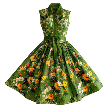 AI generated Floral patterned retro green dress isolated on transparent background png