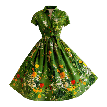AI generated Floral patterned retro green dress isolated on transparent background png