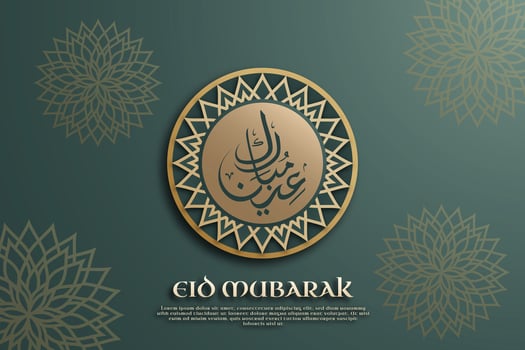 Eid Mubarak template written in elegant Arabic calligraphy, adorned paper-cut style Arabic ornaments in gold hues on the green background. vector