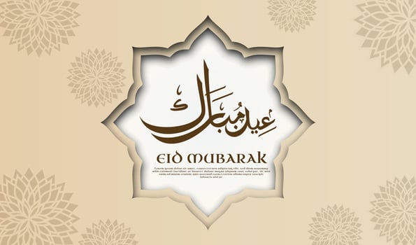 Eid Mubarak template written in elegant Arabic calligraphy with a 3D paper-cut aesthetic showcasing elegant arabic ornament. A sophisticated gold, and use vector illustration.