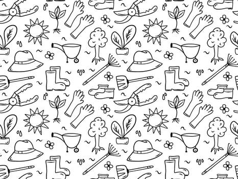 Doodle garden seamless pattern with shovel, plant, equipment. Hand drawn agriculture background for print or textile vector