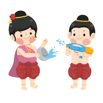 boy and girl splashing water  in songkran festival vector