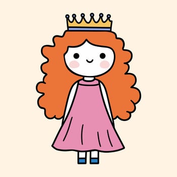 Cute cartoon princess with long ginger hair. Simple vector illustration of pretty girl with orange hair, wearing pink dress and gold crown