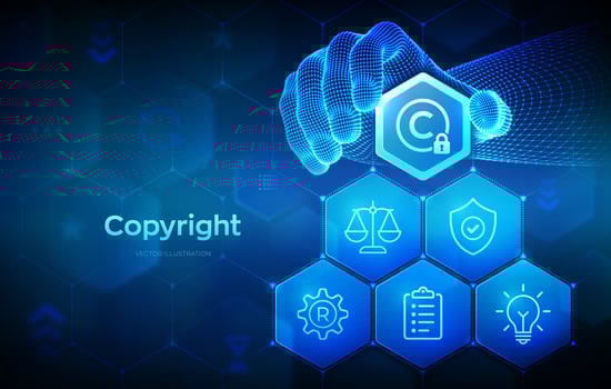 Copyright. Patents and intellectual property protection law and rights. Protect business ideas concept. Wireframe hand places an element into a composition visualizing Copyright. Vector illustration.